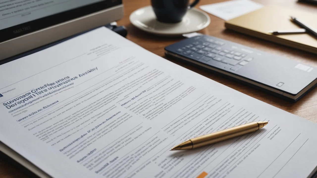 Insurance policy document pages with AI coverage analysis visible on laptop screen