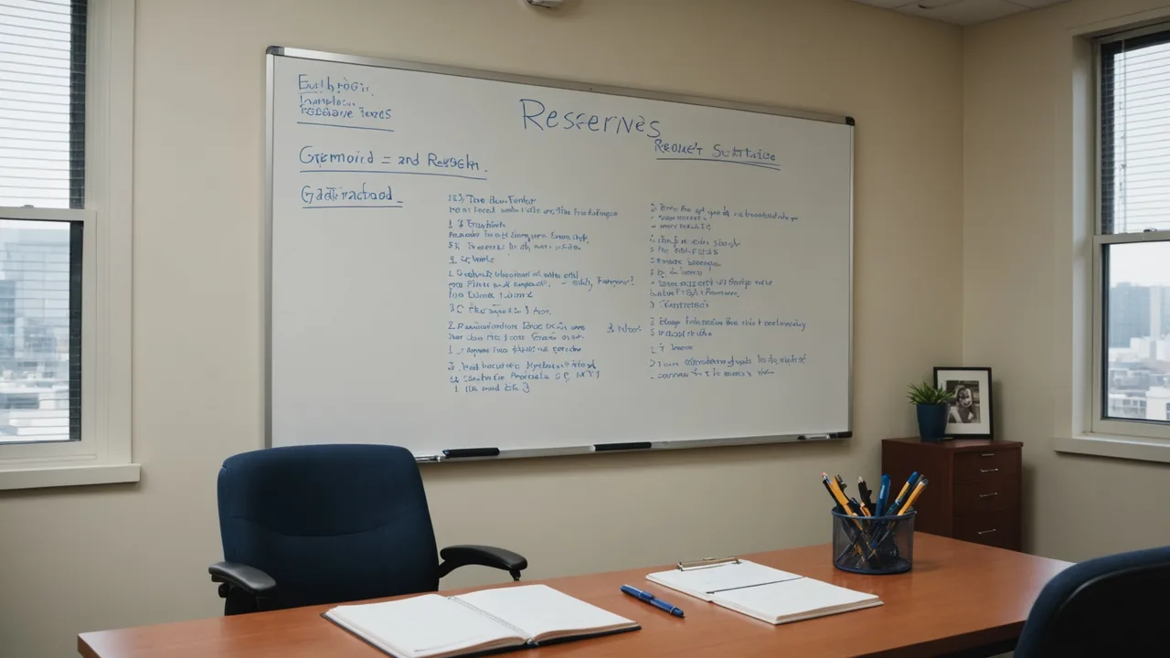 Actuary's whiteboard with reserve estimate ranges and notebook