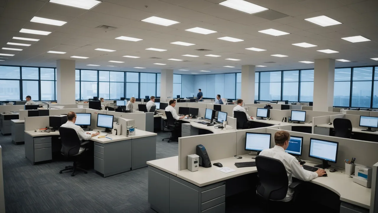 Claims operations floor with adjusters at dual-monitor workstations