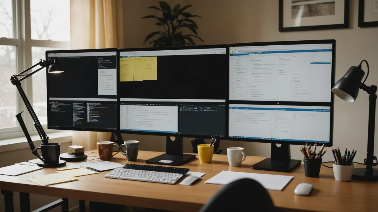 Adjuster workstation with dual monitors showing claim notes and policy lookups