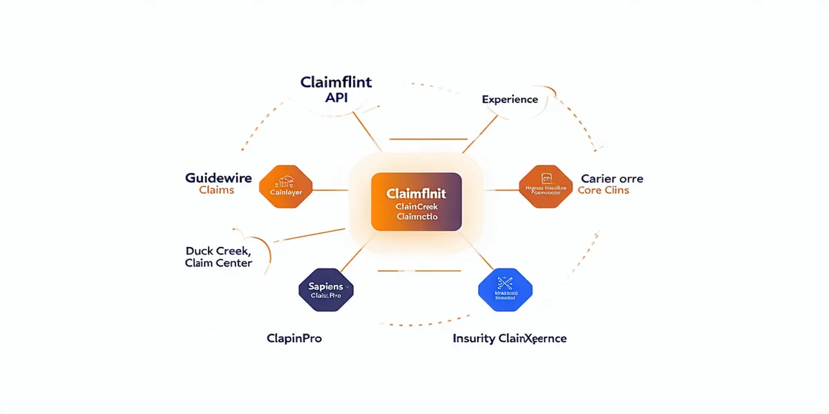 Integration architecture showing Claimflint connecting to Guidewire, Duck Creek, Sapiens, and Insurity carrier core systems